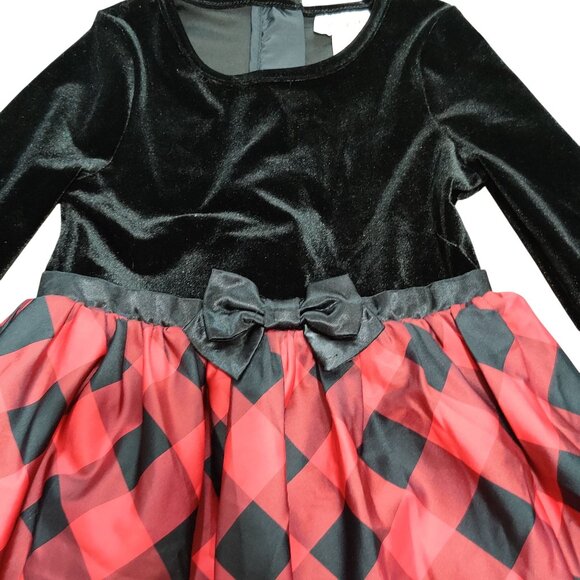 Cat Jack Girls 3T Black Velvet Red Buffalo Plaid Long Sleeve Holiday Party Dress - Picture 2 of 7